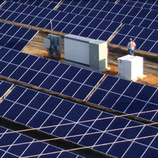 Ariel view of solar panels on solar energy farm